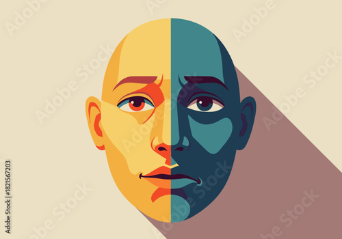 Half light and dark face in flat design with long shadow