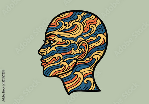 Abstract human profile with colorful wave patterns on pastel background