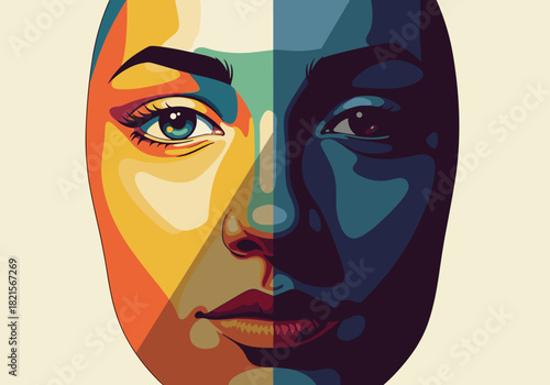 Vibrant colorful portrait in modern pop art style with dual tone effect