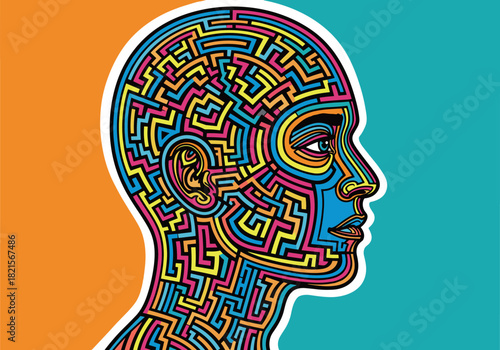 Complex maze pattern in human head profile with vibrant colors