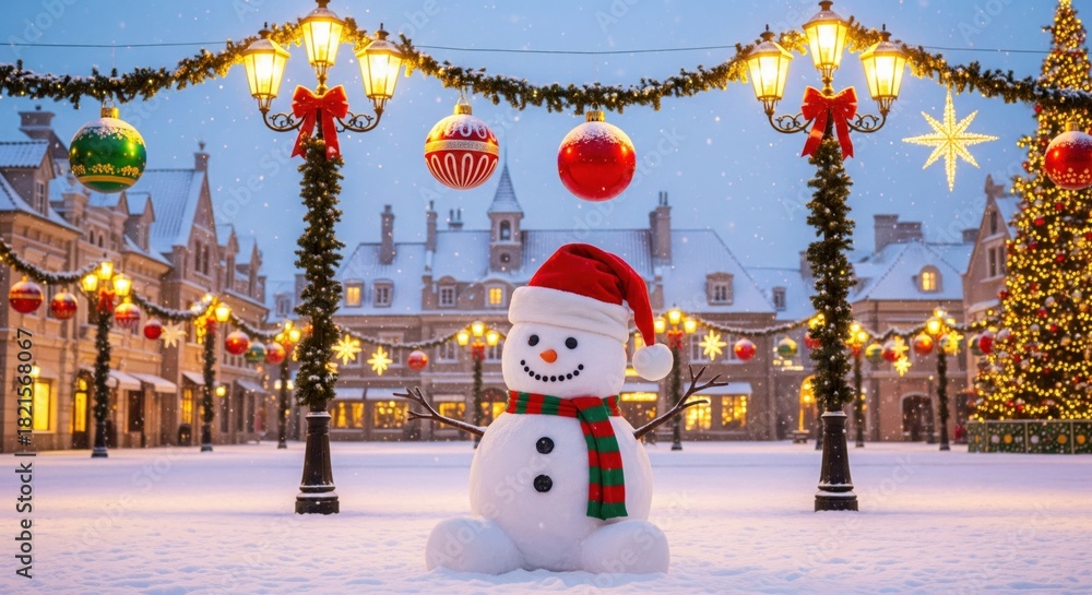 Obraz premium Snowman with Santa hat sitting in snowy festive town square surrounded by decorated lampposts and shimmering holiday ornaments