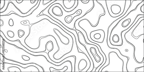 Black and white contour map background with swirling organic shapes and enclosed circular forms, perfect for topographic illustrations, abstract art, or design elements
