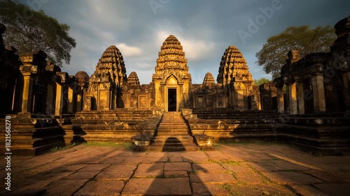 Time lapse of Moving Shadows Across Ancient Temple Ruins at Golden Hour