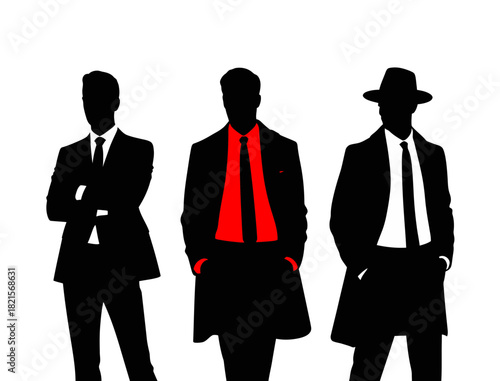 Three men in suits silhouettes fashion style business formal attire