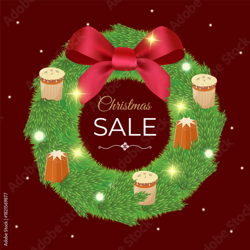 Realistic Christmas fir wreath with red bow, glowing lights, panettone and pandoro cakes on burgundy background. Square sale banner with text space inside wreath. Vector illustration