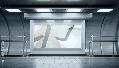 An empty subway station platform featuring a large, blank advertising billboard, metal railings, and grey tiled flooring.