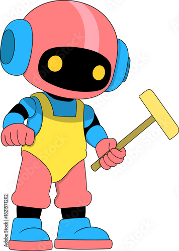 Futuristic AI delivery robot carrying a cardboard box while wearing a safety helmet in modern cartoon style illustration