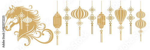 Chinese zodiac golden horse vector with lantern.eps