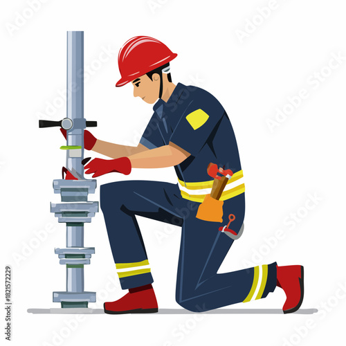 Technician in red helmet adjusting valves on industrial pipeline at construction site, ensuring safety and efficiency in a demanding work environment.