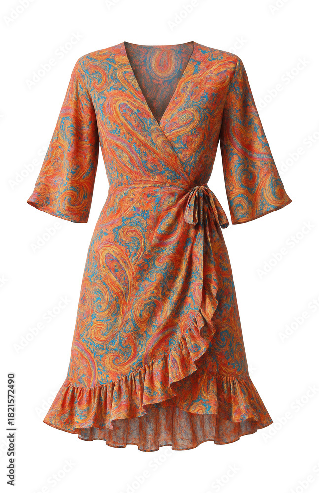 Obraz premium Wrap beach dress featuring a vibrant paisley pattern and ruffled hem.