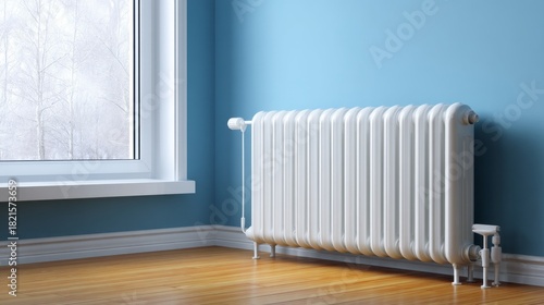 Wallpaper Mural A white radiator sits in a room with a blue wall and a window. The room is empty and the radiator is the only piece of furniture Torontodigital.ca