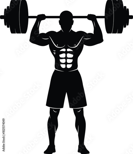 Weightlifter silhouette with barbell overhead press exercise
