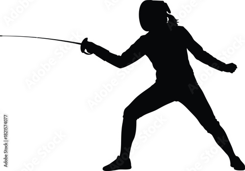 Fencing silhouette female athlete in action white background