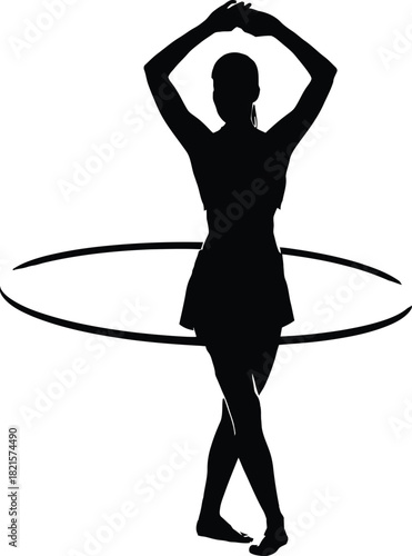 Silhouette of woman hula hooping with arms raised overhead