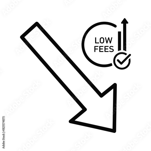 Arrow pointing down with low fees icon isolated on white background