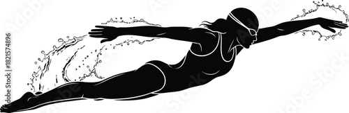 Swimmer silhouette in water with splash black and white