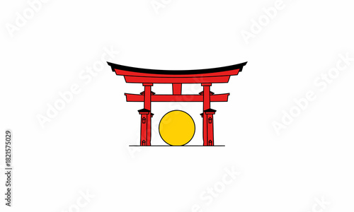 Vibrant Red Japanese Torii Gate with Central Yellow Circle Icon.