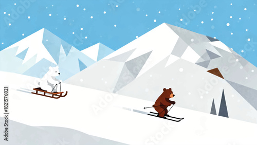 Illustration Of A Bear Sledding And Skiing On A Hill In Winter Atmosphere Vector Design Template
