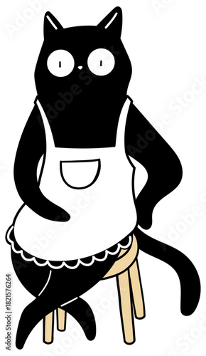 cartoon black cat wears an apron