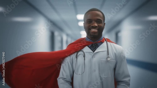 Wallpaper Mural Confident African American male doctor wearing a red superhero cape, a powerful symbol of healthcare heroism in a hospital corridor Torontodigital.ca