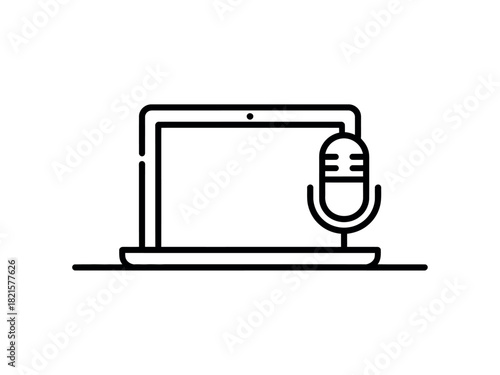 A simple line art icon depicting a laptop computer placed next to a microphone, symbolizing digital audio recording and online communication.