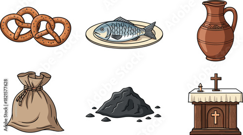 Religious objects and food items, altar and coal