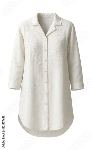 Embroidered cotton nightshirt featuring a button placket and curved hem.