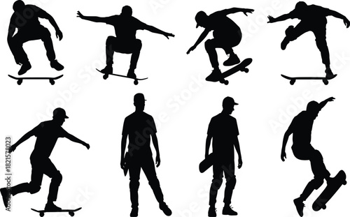 Skateboarding silhouettes, trick poses, black vector icons, skater action graphics, jump, stance, motion, sport, urban style, extreme moves