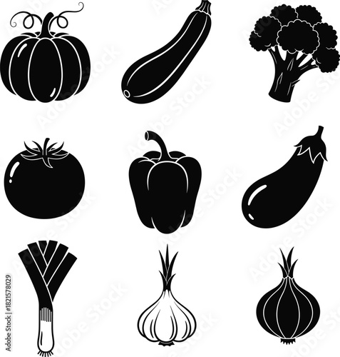Set of Black Vegetable Silhouettes Featuring Tomato, Pepper, Pumpkin, Broccoli and More Vector