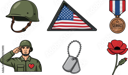 Veterans Day Icons: Soldier, Flag, Helmet, Dog Tags, Poppy, Medal