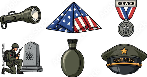 Veterans Day Icons: Soldier, Flag, Medal, Flashlight, Canteen, Cap