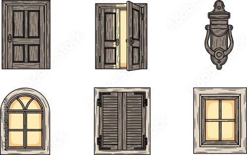 Set of vintage doors, windows, and door knocker