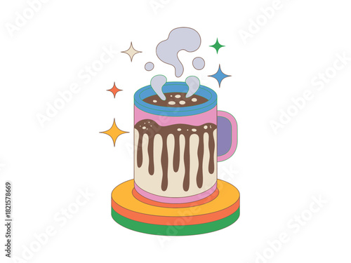 A colorful mug of hot chocolate with melting chocolate and steam emanating from it, surrounded by sparkling stars.