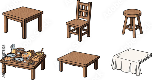 Wooden furniture and food display isometric illustration