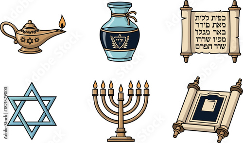 Jewish Symbols Collection: Menorah, Torah, Star of David, Lamp, Vase
