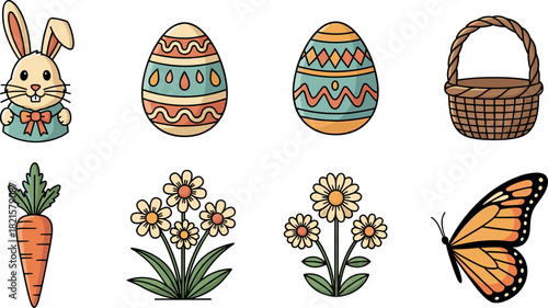 Easter Bunny, Eggs, Flowers, Carrot, Basket, Butterfly Icons