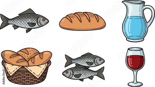 Fish, bread, water and wine still life illustration