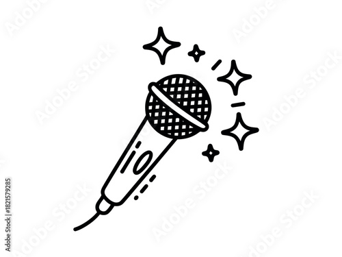 A hand-drawn illustration of a vintage microphone with sparkling stars, symbolizing performance and sound.