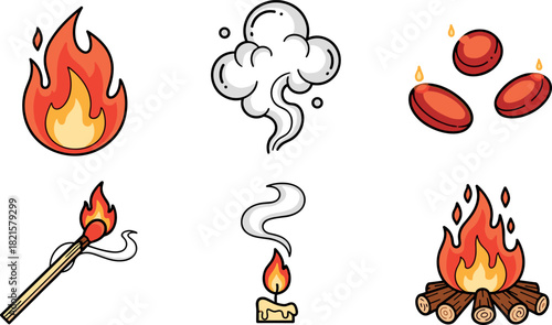 Set of cartoon flame and smoke icons