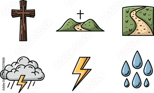 Religious and weather icons: cross, mountains, path, storm, lightning, rain
