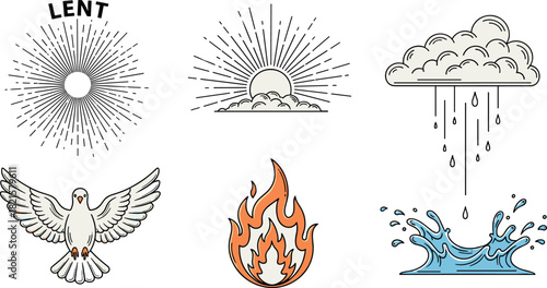 Lent Symbols: Sun, Dove, Fire, Rain, and Water Icons