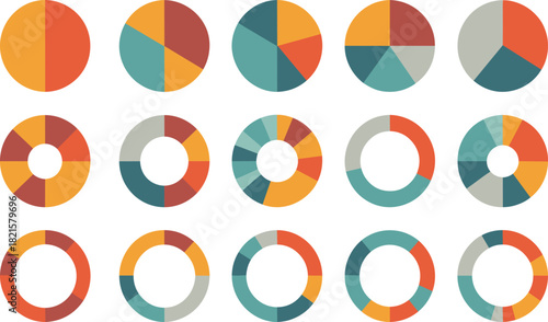 Pie and donut chart set vector, colorful data visualization icons, infographic elements, statistical graph design bundle