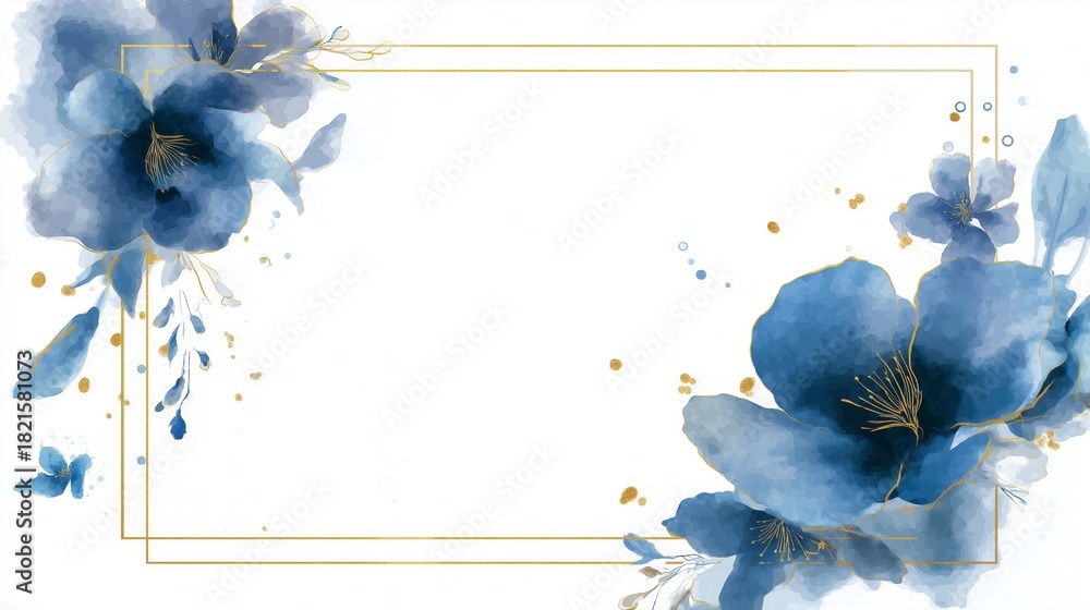 Naklejka premium Watercolor flowers in blue tones with golden glitter outlines framing a clean white background. Blue watercolor flowers with golden edges