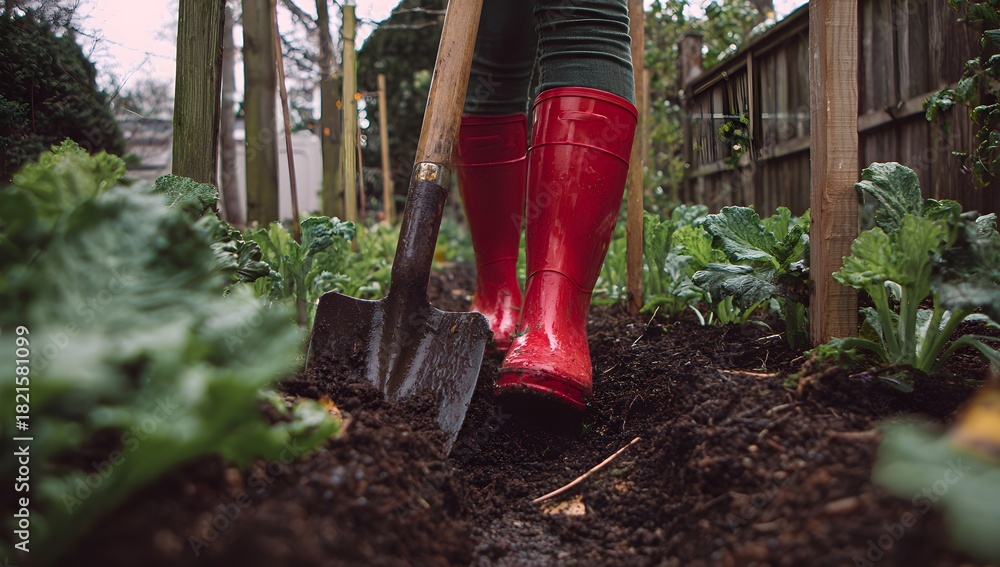 Fototapeta premium Person in red boots digging moist soil among leafy greens in a garden concept: sustainable gardening, organic growth, eco-friendly lifestyle.