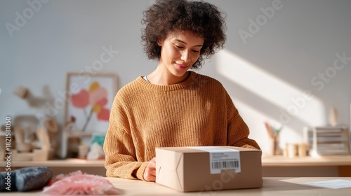 Smiling woman in cozy workspace handling a cardboard box with shipping label, sunlight streaming in, suggesting online shopping or small business.
