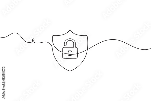 Unlocked shield padlock continuous line drawing security concept icon vector. illustration