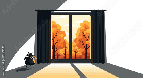 Warm Autumn Trees Visible Through a Large Window with Sunlight Casting Shadows Indoors