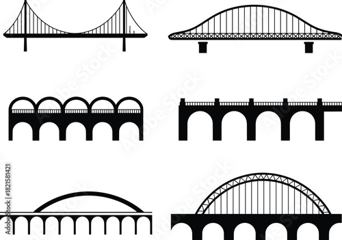 Silhouette set of six iconic bridge types including suspension, arch, and tied-arch designs for architecture and engineering vector illustration