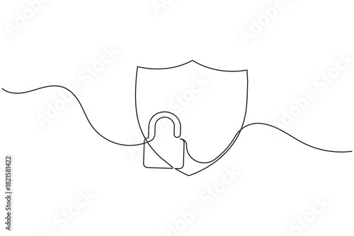 Continuous line drawing of a security shield with an unlocked padlock icon illustration