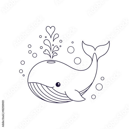 Cute whale illustration with bubbles and heart-shaped spray on isolated background 